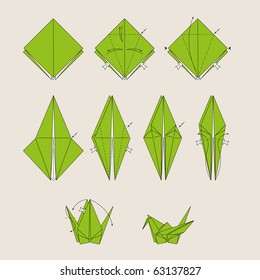 Origami green vector bird on light brown background