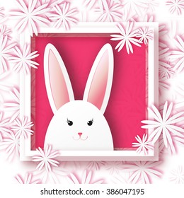 Origami Greeting card with Happy Easter - with white Easter rabbit on white floral background. Spring Funny Bunny with applique flower and square frame. Easter Bunny. Easter Egg 