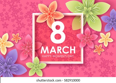 Origami greeting card with paper flowers for International Women's Day, 8 march.