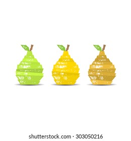 Origami grunge pear from folded paper - Three scratched textured pears in different colors - Vector illustration