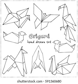 Origami hand drawn doodle set. Vector illustration of hand drawn paper figures