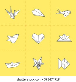 Origami hand drawn doodle set-bird,fish,flower,boat,hat,chicken,heart,plane