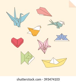 Origami hand drawn set-pastel color-bird,fish,flower,boat,hat,chicken,heart,plane
