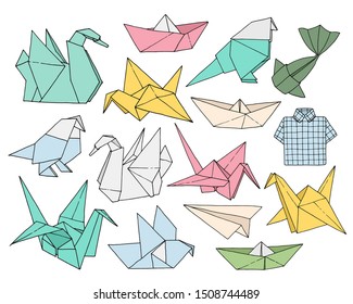 Origami hand drawn vector set, folder paper art color animals, birds, boats, planes shapes isolated on white background