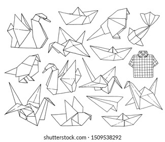 Origami hand drawn vector set, folder paper art animals, birds, boats, planes shapes isolated on white background