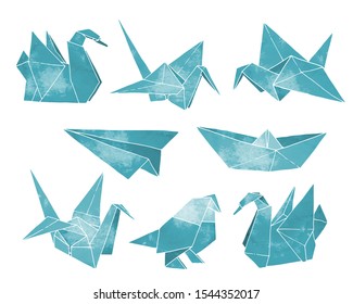 Juego de vectores dibujado a mano de origami, estilo acuarela, animales de color de papel de carpeta, aves, barcos, formas de plano aisladas en fondo blanco