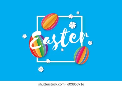 Origami Happy Easter. Colorful Paper cut Easter Egg, white flower. Square frame. Blue background