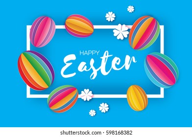 Origami Happy Easter Greeting card.. Colorful Paper cut Easter Egg, white flower. Rectangle frame. Blue background. Vector illustration.