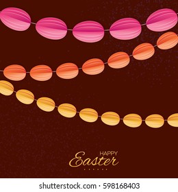Origami Happy Easter Greeting card. Colorful Three Paper cut Easter Egg garland. Brown background. Vector illustration.