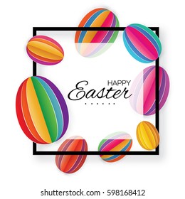 Origami Happy Easter Greeting card. Colorful Paper cut Easter Egg. Square black frame. White background. Vector illustration.