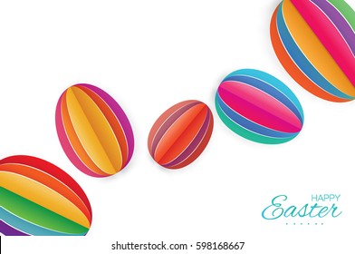 Origami Happy Easter Greeting card. Five Colorful Paper cut Easter Egg. White background. Vector illustration.
