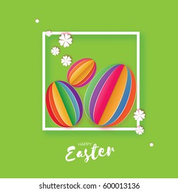 Origami Happy Easter Greeting card. Three Colorful Paper cut Easter Egg, white flower. Square frame. Green background. Vector illustration.