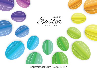 Origami Happy Easter Greeting card. Colorful Paper cut Easter Egg. White background. Vector illustration.