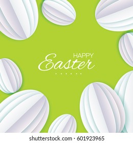 Origami Happy Easter Greeting card. White Paper cut Easter Egg. Space for text. Oval shape. Green background. Vector illustration.