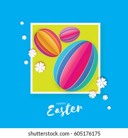 Origami Happy Easter Greeting card.. Colorful Paper cut Easter Egg, white flower. Square frame. Blue background. Vector illustration.