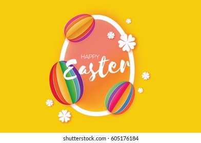 Origami Happy Easter Greeting card. Colorful Paper cut Easter Egg, white flower. Oval frame. Yellow background. Vector illustration.