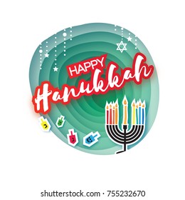 Origami Happy Hanukkah. Greeting card. Jewish holiday. Menorah traditional candelabra and burning candles Hanukkah dreidel with letters of the Hebrew alphabet. Star of David. Paper cut style. Vector