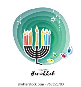 Origami Happy Hanukkah. Greeting card for the Jewish holiday. Menorah traditional candelabra and burning candles Hanukkah dreidel with letters of the Hebrew alphabet. Star of David. Paper cut Vector