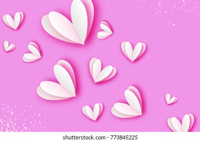 Origami Happy Valentine's day. Flying Love White Hearts in paper cut style. Romantic Holidays. Pink background.
