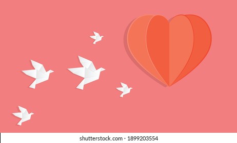 Origami Happy Valentine's day greeting. Valentine day poster. Flying Love Birds in paper cut style.