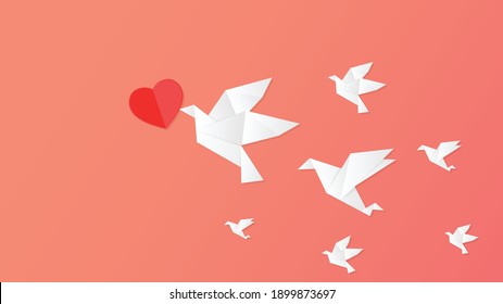 Origami Happy Valentine's day greeting. Valentine day poster. Flying Love Birds in paper cut style.