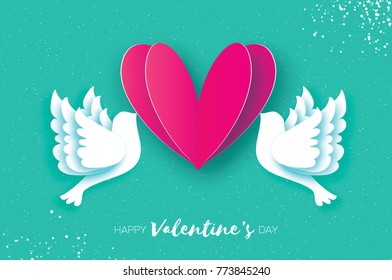 Origami Happy Valentine's day greeting card. Flying Love Birds in paper cut style. A couple of doves in loving. Romantic Pink heart. Two white pigeons kissing.