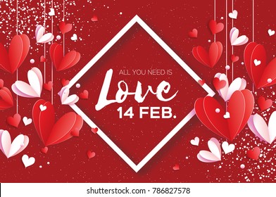 Origami Happy Valentine's day Greetings card. Love. Flying Love White and Red Hearts in paper cut style. Romantic Holidays. Red background. Square rhombus frame. Valentine text. 14 February.