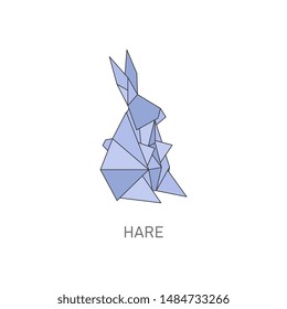 Origami hare art, cute blue rabbit folded from paper. Isolated animal shape design from geometric lines and triangles, flat cartoon vector illustration on white background.