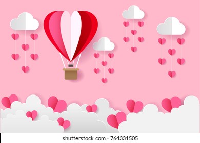 Origami Heart Balloons On The Sky and Heart Rain, Love and Valentine Day Vector Illustration Paper Art