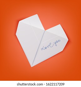 Origami Heart Shape Crafted Of Paper With Handwritten Sign "Love You." Vector 3d Photo Realistic Illustration Isolated. For Valentine's Day Card, Illustration or Party Invitation