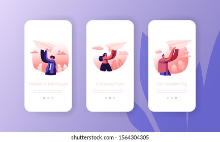 Origami Hobby or Launching New Business Start Up Mobile App Page Onboard Screen Set. People with Paper Airplane in Hands. Fly Plane Concept for Website or Web Page. Cartoon Flat Vector Illustration