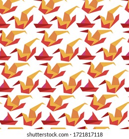 Origami hobby, making objects from paper sheets, seamless pattern of cranes birds and boats ships. Geometrical and polygon manner of created items. Oriental art and pastime, vector in flat style