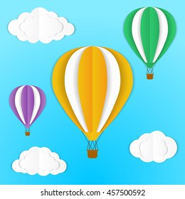 Origami hot air ballon and clouds in the sky. Vector, isolated, eps 10.