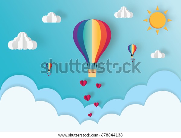 雲の上に熱風船を描いた折り紙と 空に浮かぶ心の紙技 愛と共有と結婚のコンセプト のベクター画像素材 ロイヤリティフリー