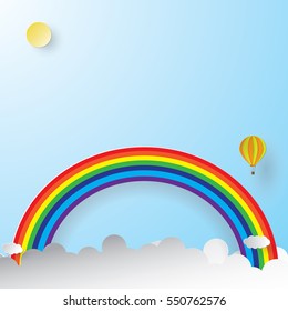 Origami hot air balloon and rainbow with blue sky .paper art style.