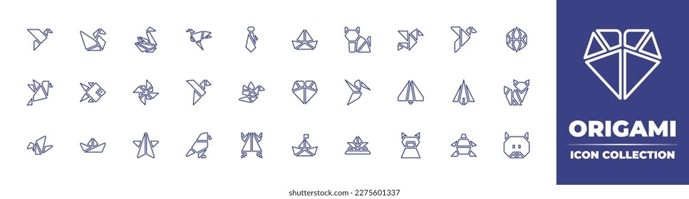 Origami icon collection. Duotone color. Vector illustration. Containing origami, bird, tie, cat, lantern, humming bird, plane, fox, ship, star, parrot, frog, hat.