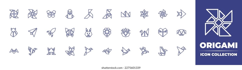 Origami icon collection. Duotone color. Vector illustration. Containing origami, fan, butterfly, penguin, bird, crown, flower, windmill, fish, cat, paper plane, rocket, rabbit, heart, dog, bat.