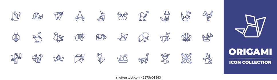 Origami icon collection. Duotone color. Vector illustration. Containing origami, snail, paper plane, spaceship, rabbit, butterfly, camel, fox, dinosaur, rooster, bee, swan, pig, polar bear, mouse.