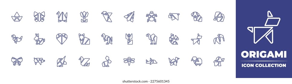 Origami icon collection. Duotone color. Vector illustration. Containing boat, butterfly, bird, tulip, paper plane, turtle, pig, dog, elephant, seal, rabbit, love, fox, kangaroo, flower, camel.