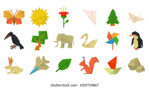 Origami icon set. Cartoon set of origami vector icons for web design isolated on white background