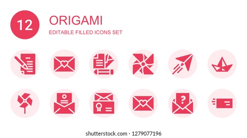 origami icon set. Collection of 12 filled origami icons included Letter, Pinwheel, Paper plane, Paper boat