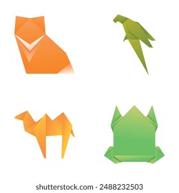 Origami icons set cartoon vector. Japanese origami folded paper figure. Pastime, hobby