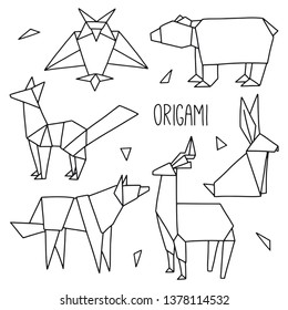 Origami icons set. Cute collection with 6  animals and bird in a outline. Vector geometric collection: bear, fox, wolf, hare, deer, owl. Hand drawn forest. Flat illustration isolated on white