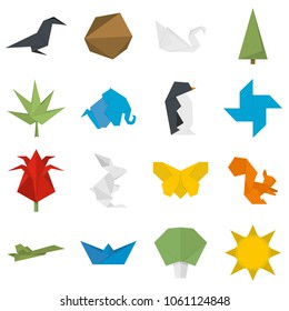 Origami icons set. Flat illustration of 16 origami vector icons isolated on white background