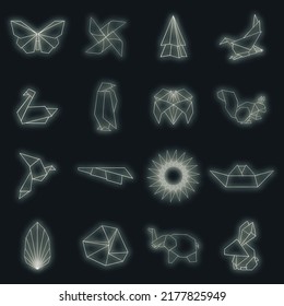 Origami icons set. Illustration of 16 origami vector icons neon color on black