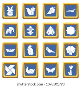 Origami icons set vector blue square isolated on white background 