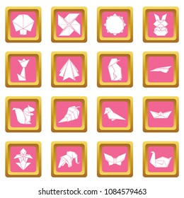 Origami icons set vector pink square isolated on white background 