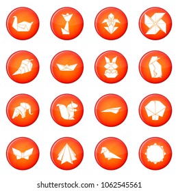 Origami icons set vector red circle isolated on white background 