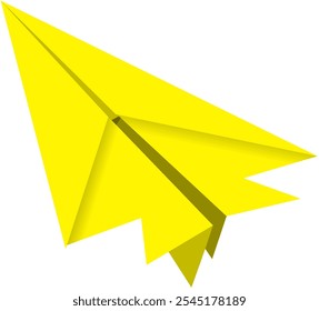 Imagem origami de um avião de papel, papel amarelo, virado para a esquerda diagonalmente