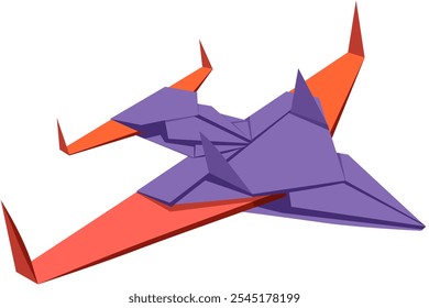 Origami image of a paper military airplane, red brick and violet paper, facing front right